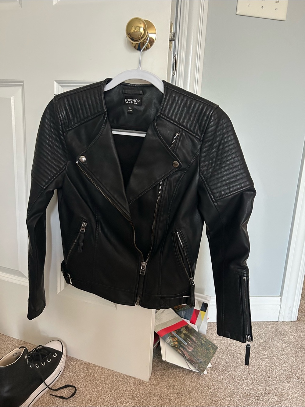 Topshop Black Quilted-Shoulder Moto Jacket